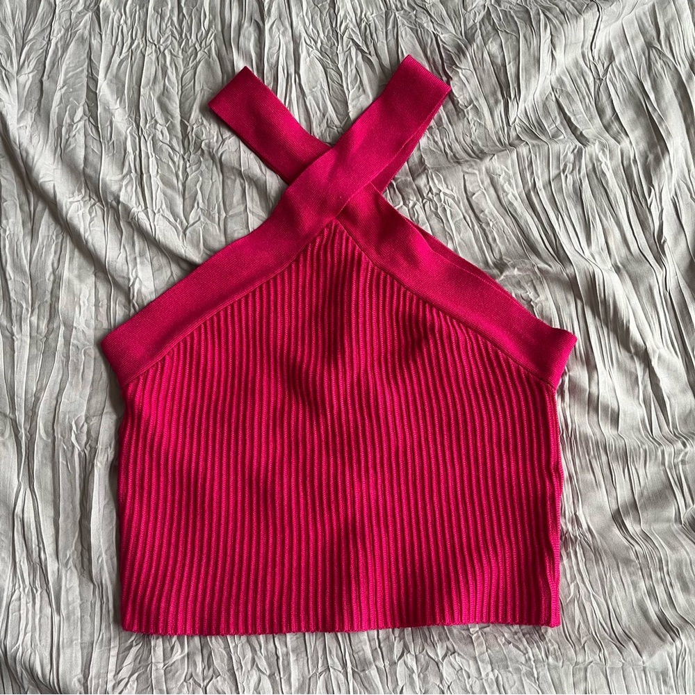 Rib Knit Cross Front Halter Top | Criss Cross Cropped Tank